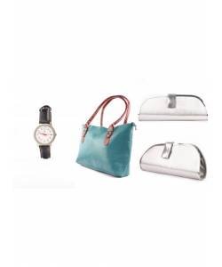 Seagreen Handbag + Silver Clutch + Black Strap watch